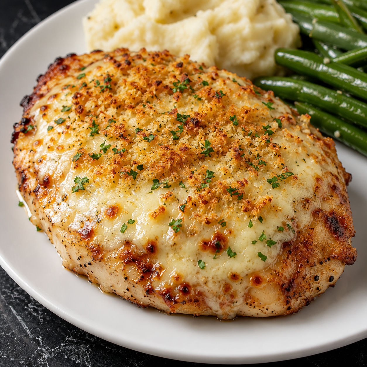 Parmesan crusted chicken with melted cheese and golden panko topping