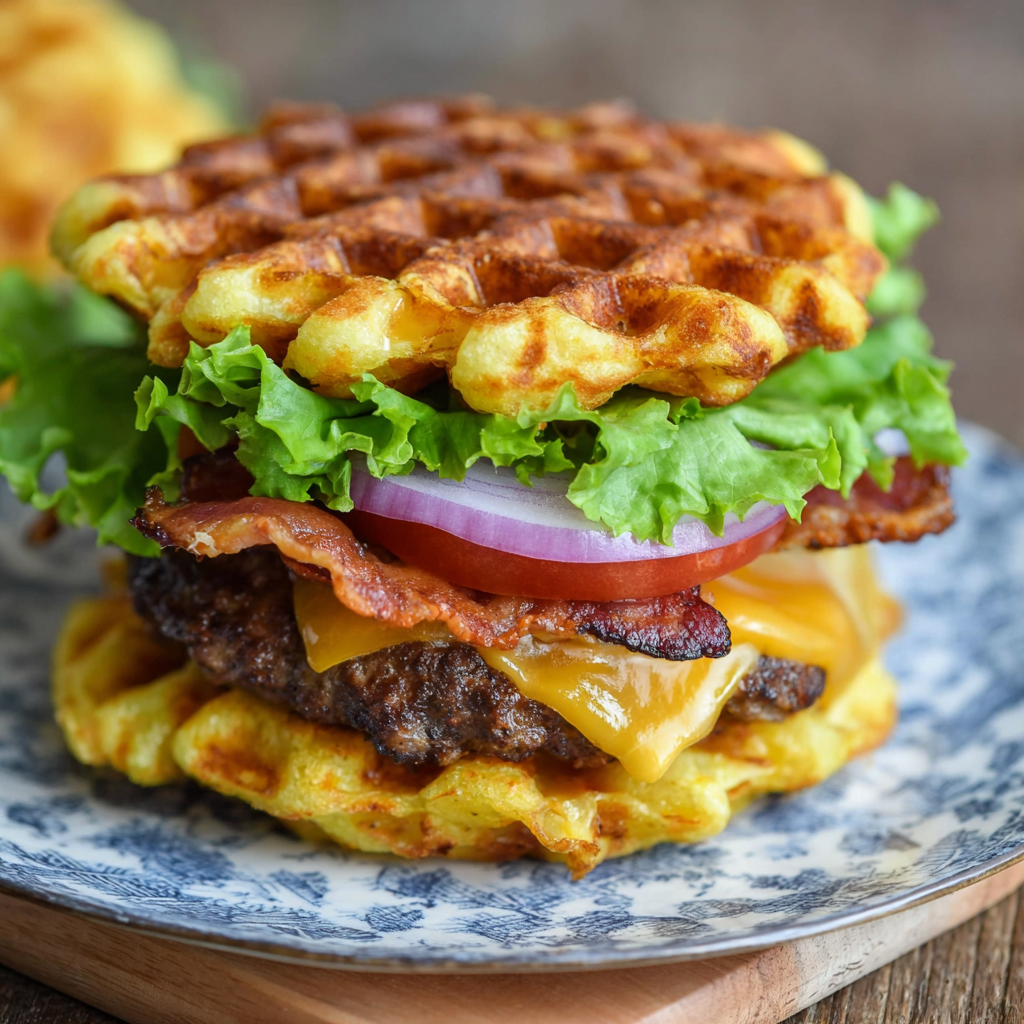 Low Carb Bacon Cheeseburger with Chaffle Buns and Classic Toppings