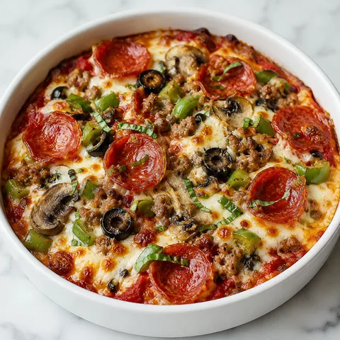 Low carb crustless pizza bowl with pepperoni, sausage, olives, and melted cheese