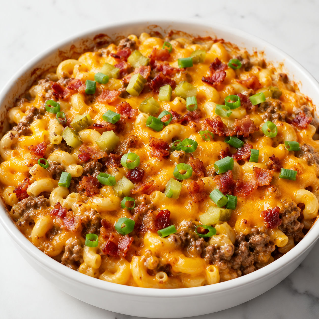 Mac and cheese burger casserole with bacon, cheddar, pickles, and green onions
