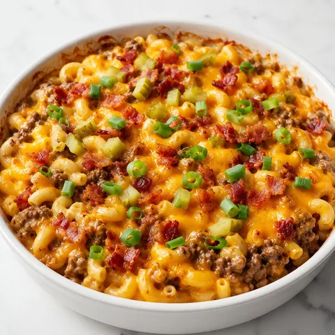 Mac and cheese burger casserole with bacon, cheddar, pickles, and green onions