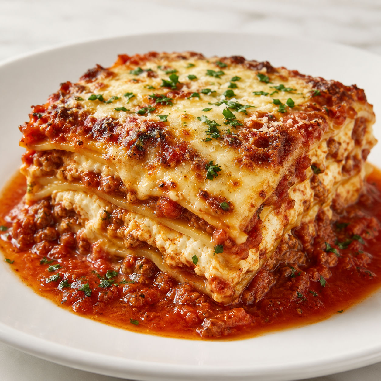 Tall slice of Maggiano's style lasagna with meat sauce and browned cheese