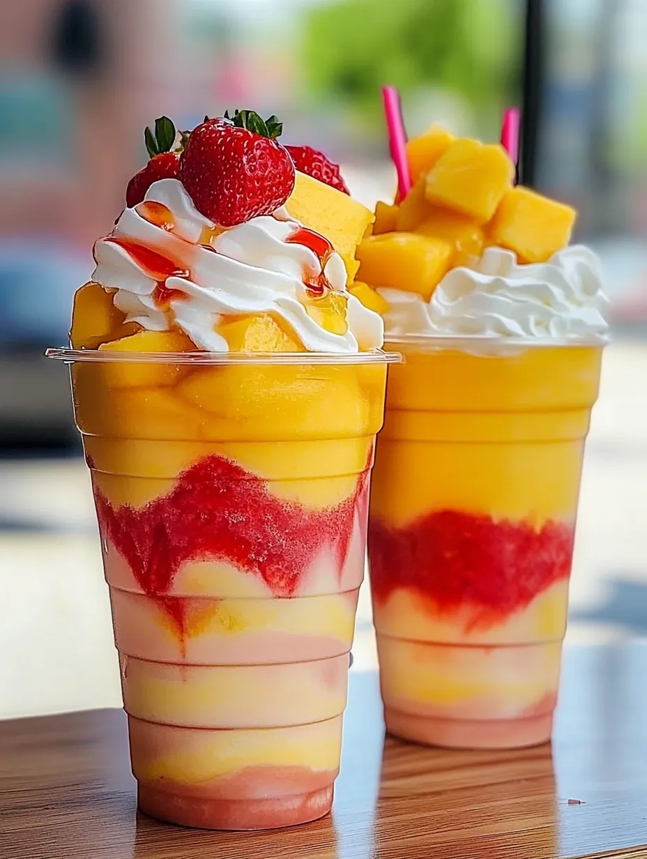 Mango Strawberry Sunrise Frappuccinos with Creamy Layers