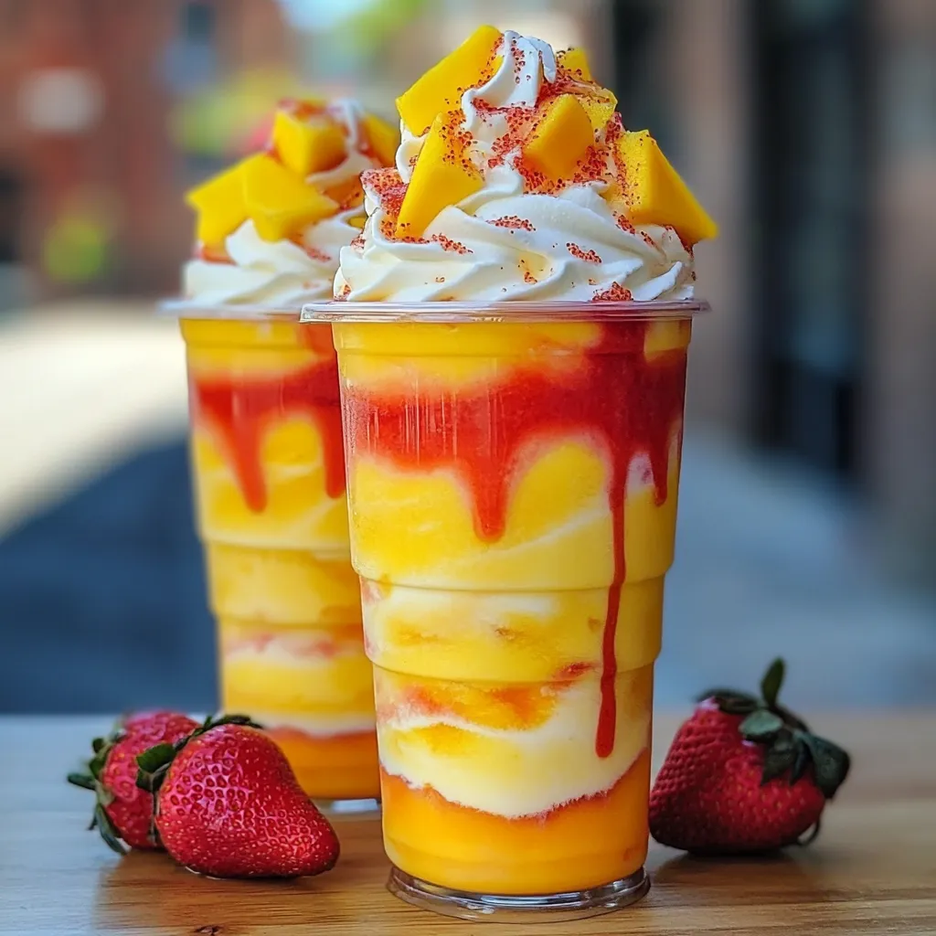 Mango Strawberry Sunrise Frappuccinos with Creamy Layers