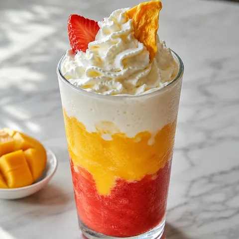 Mango strawberry sunrise frappuccino with three vivid layers and whipped cream in a tall glass
