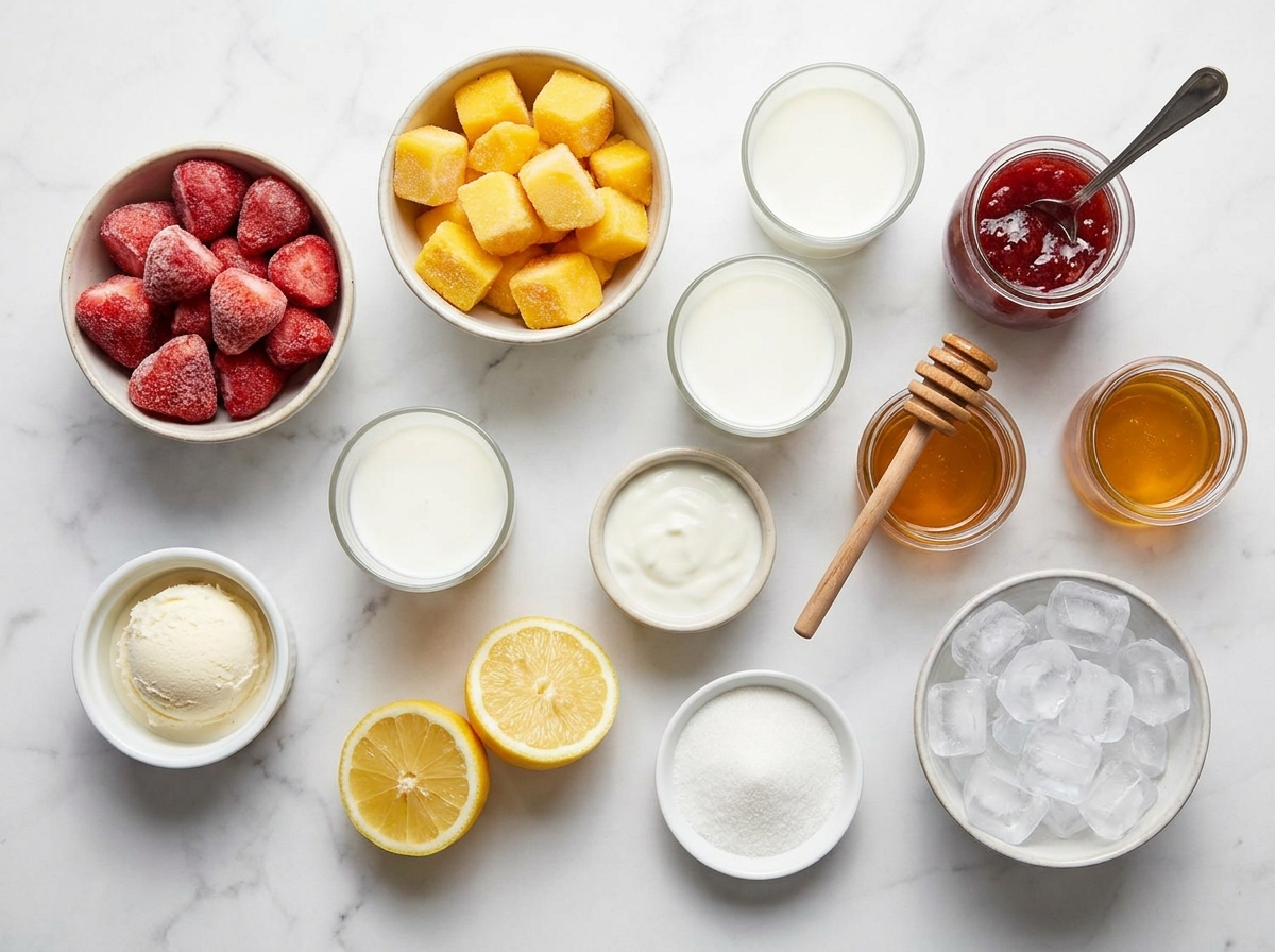 Raw ingredients for mango strawberry sunrise frappuccino on white marble