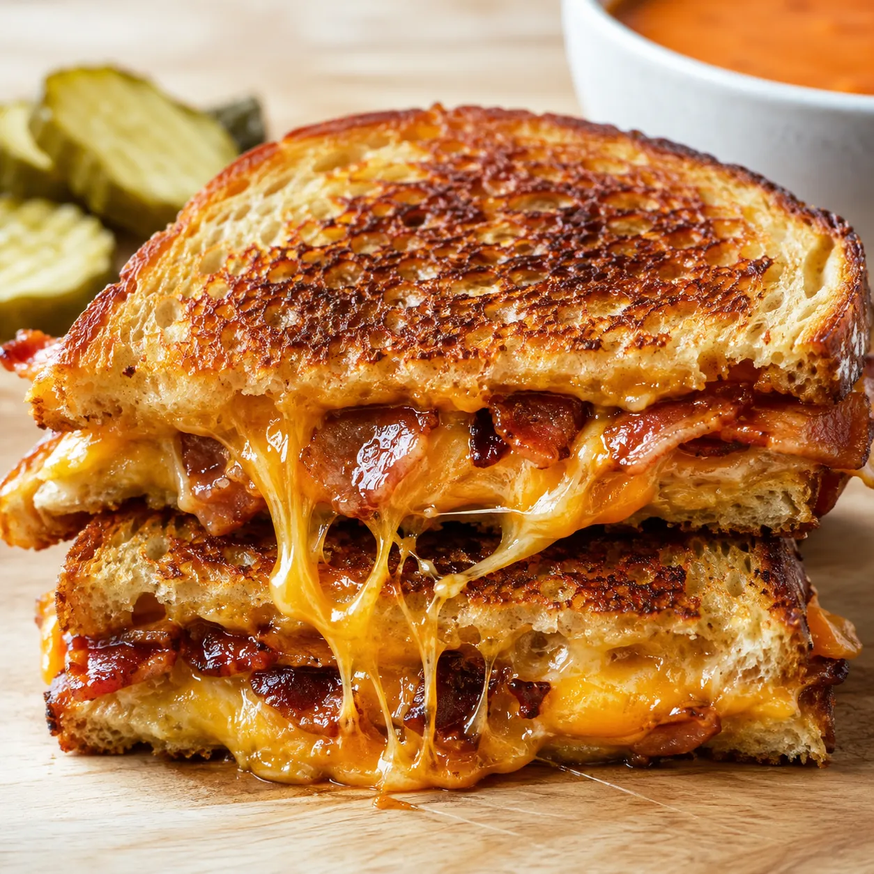 Maple bacon cheddar grilled cheese with gooey cheese and crisp sourdough