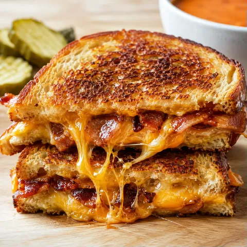 Maple bacon cheddar grilled cheese with gooey cheese and crisp sourdough
