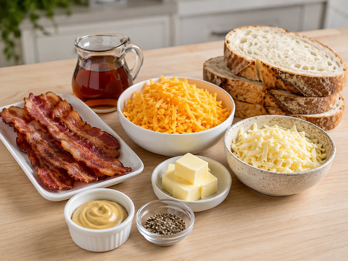 Ingredients for maple bacon cheddar grilled cheese on a wooden surface