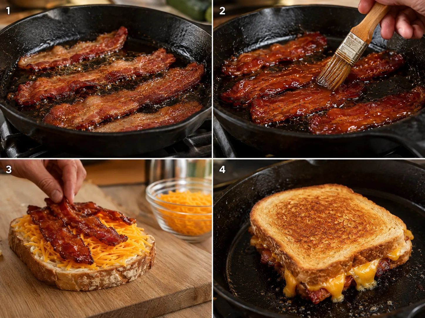 Four steps for making maple bacon cheddar grilled cheese