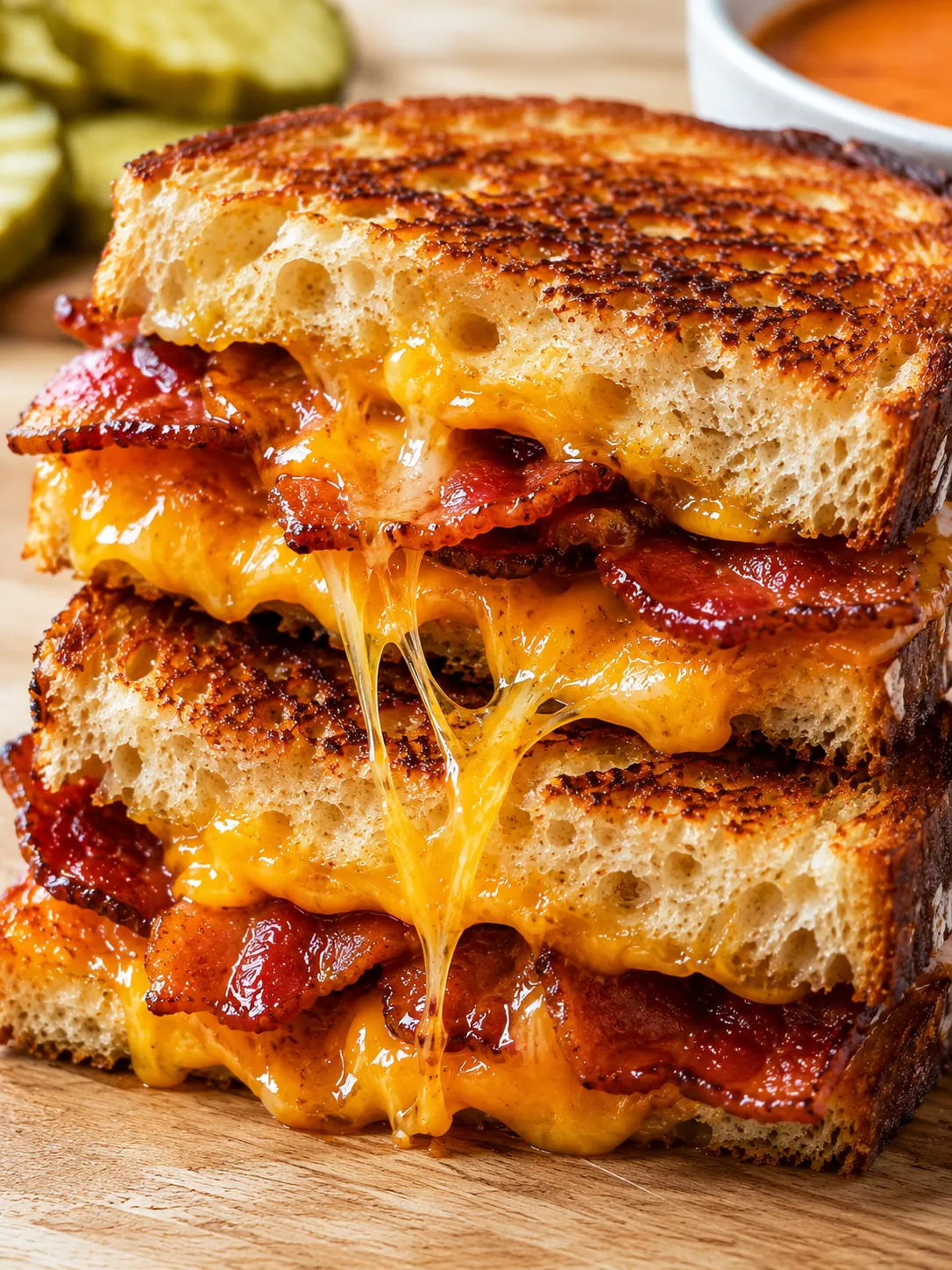 Maple bacon cheddar grilled cheese stacked with melted cheddar and crisp bacon
