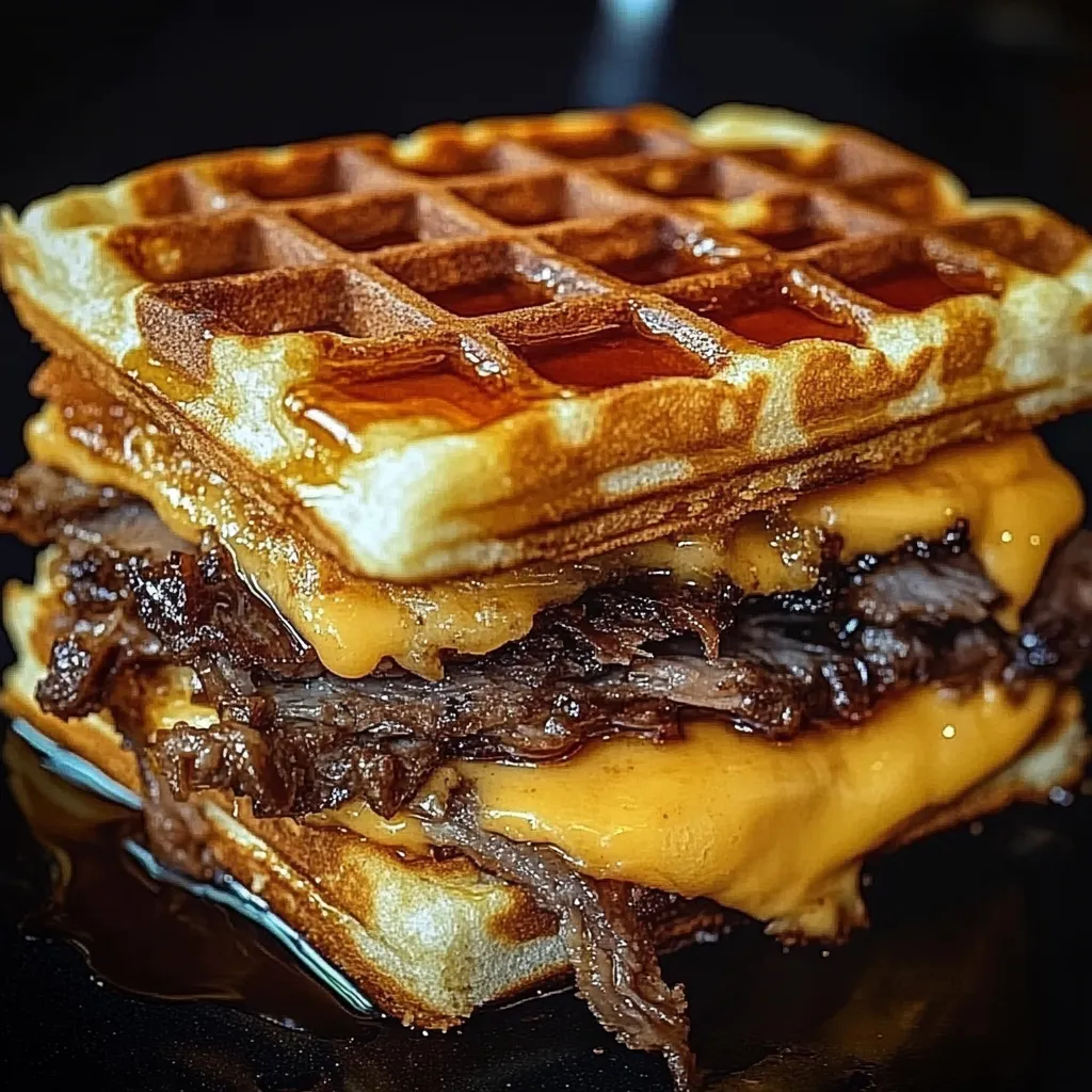 Savory Bourbon Maple Brisket Melt with Cheddar on Waffles
