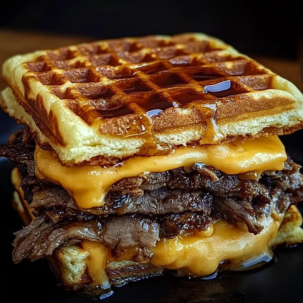 Savory Bourbon Maple Brisket Melt with Cheddar on Waffles