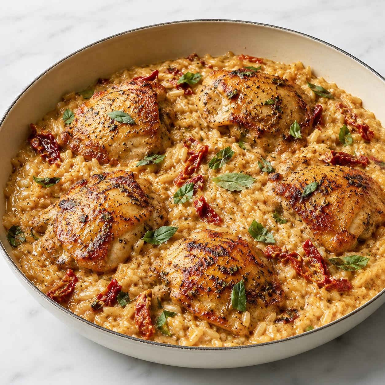 Marry Me Chicken and Rice with sun-dried tomatoes and basil