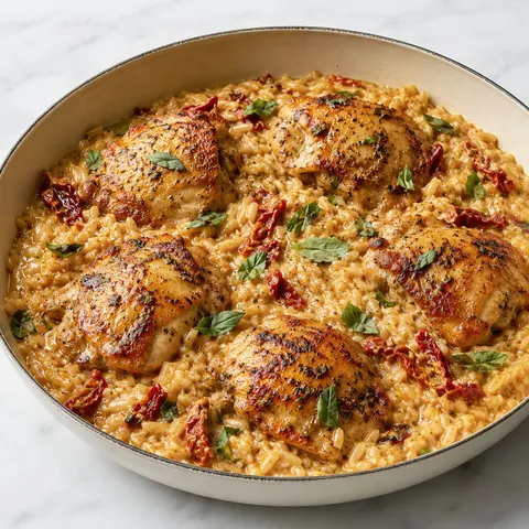 Marry Me Chicken and Rice with sun-dried tomatoes and basil
