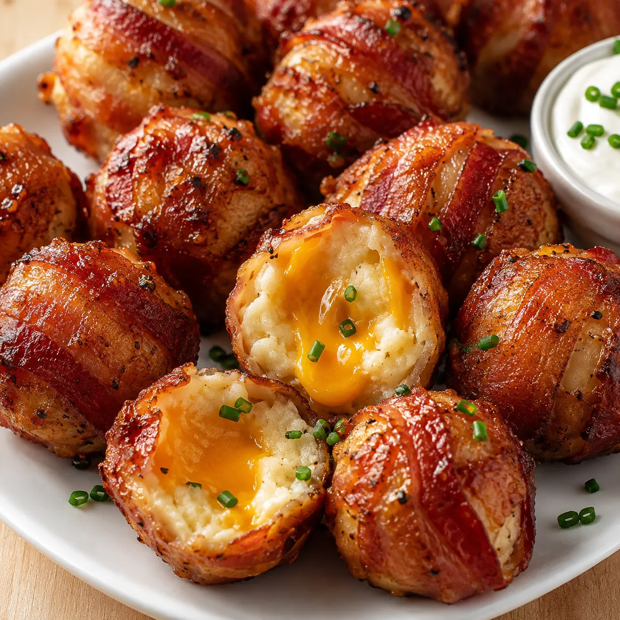 Bacon-wrapped mashed potato bombs with melted cheddar and chives