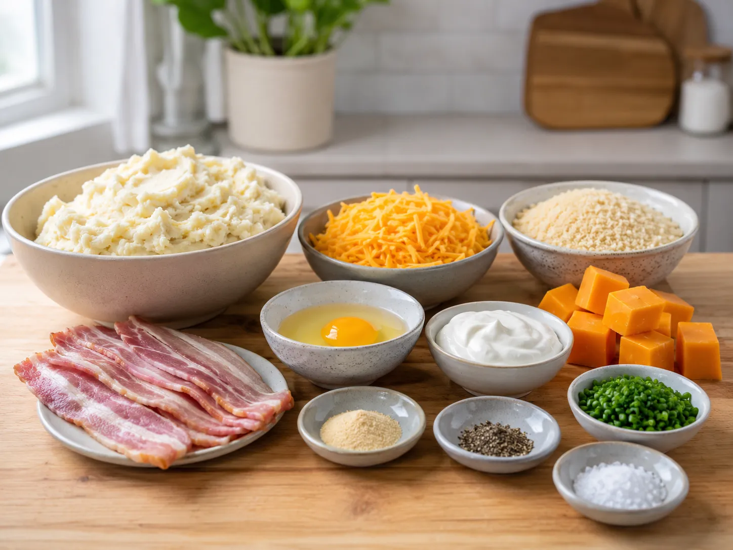 Ingredients for mashed potato bacon bombs with cheddar and bacon