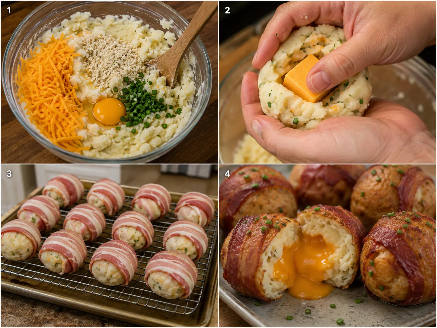 Four steps for making bacon-wrapped mashed potato bombs