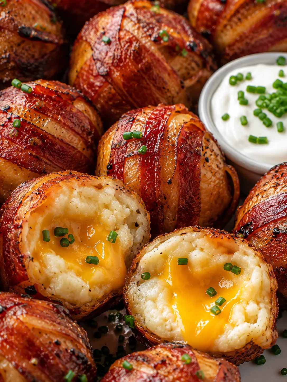 Mashed potato bacon bombs with crisp bacon and melted cheddar