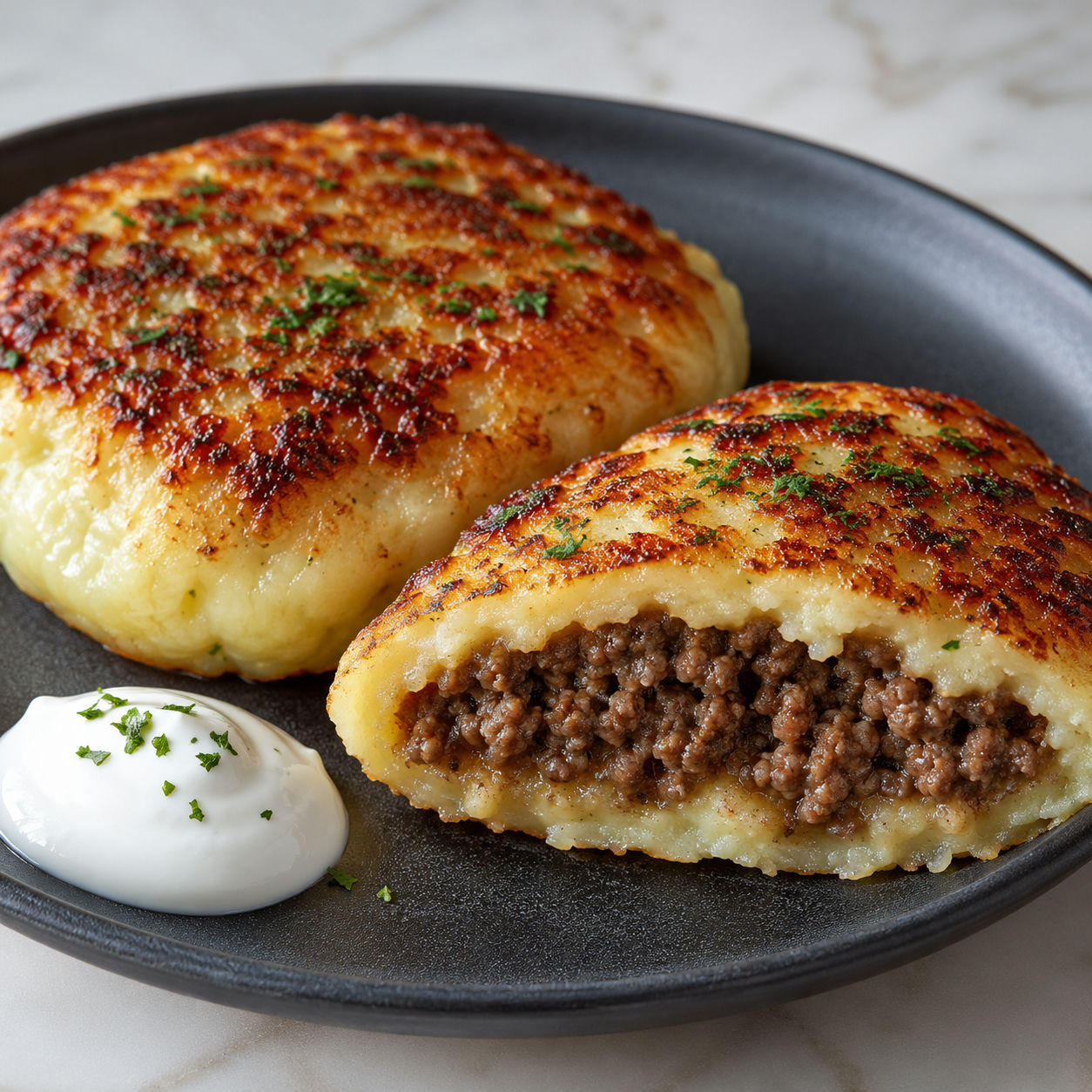 Mashed potato pancakes filled with ground beef and parsley on a dark plate