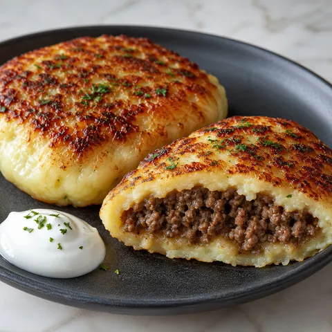 Mashed potato pancakes filled with ground beef and parsley on a dark plate