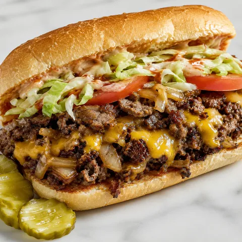 Massive chopped cheese hero with melted cheese, lettuce, and tomato