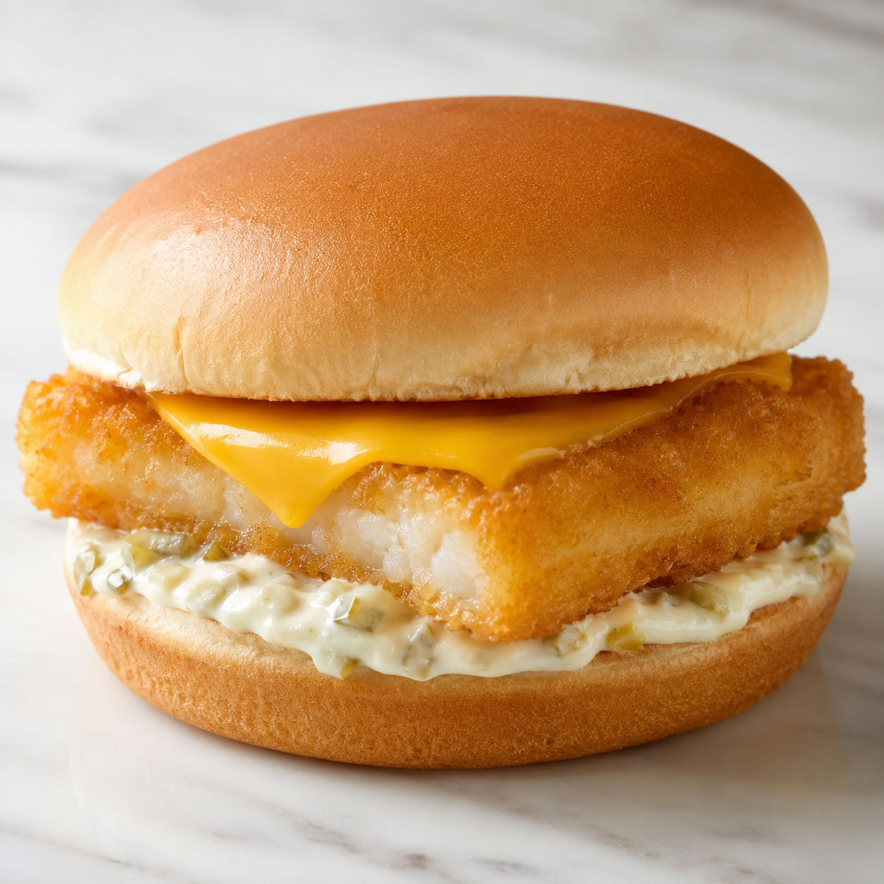 Homemade Filet-O-Fish sandwich with golden fried fish, melted cheese, and tartar sauce on a steamed bun