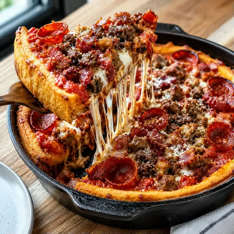 Meat lovers deep dish pizza with sausage, bacon, pepperoni and tomato sauce