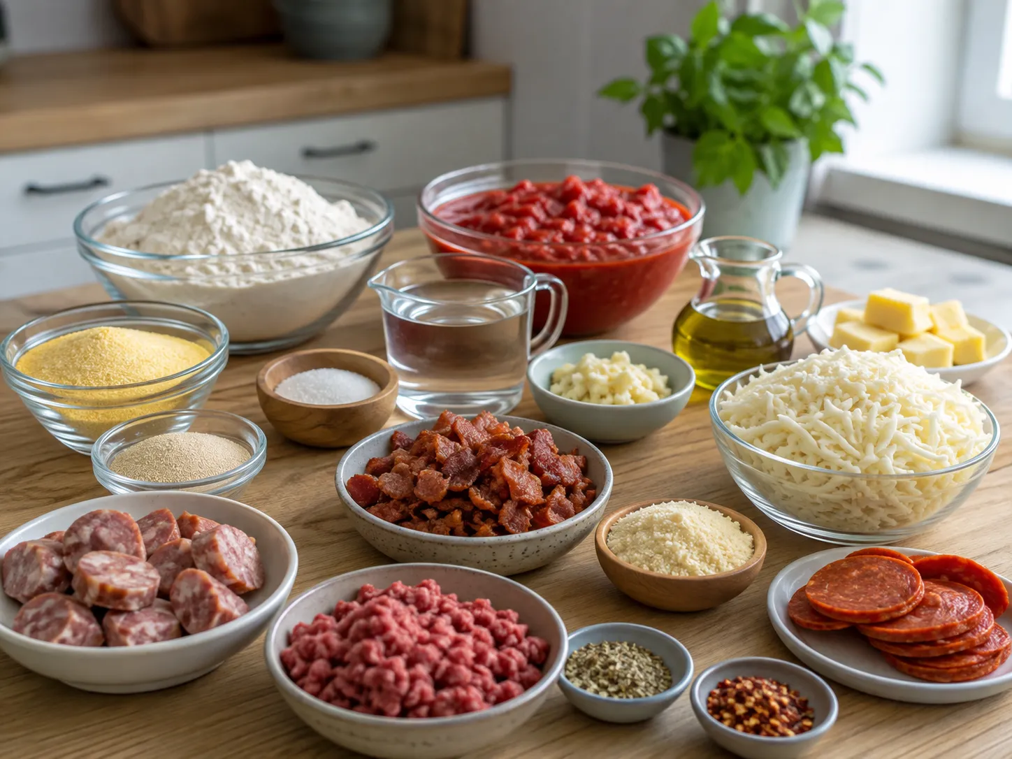 Ingredients for meat lovers deep dish pizza on a wooden surface