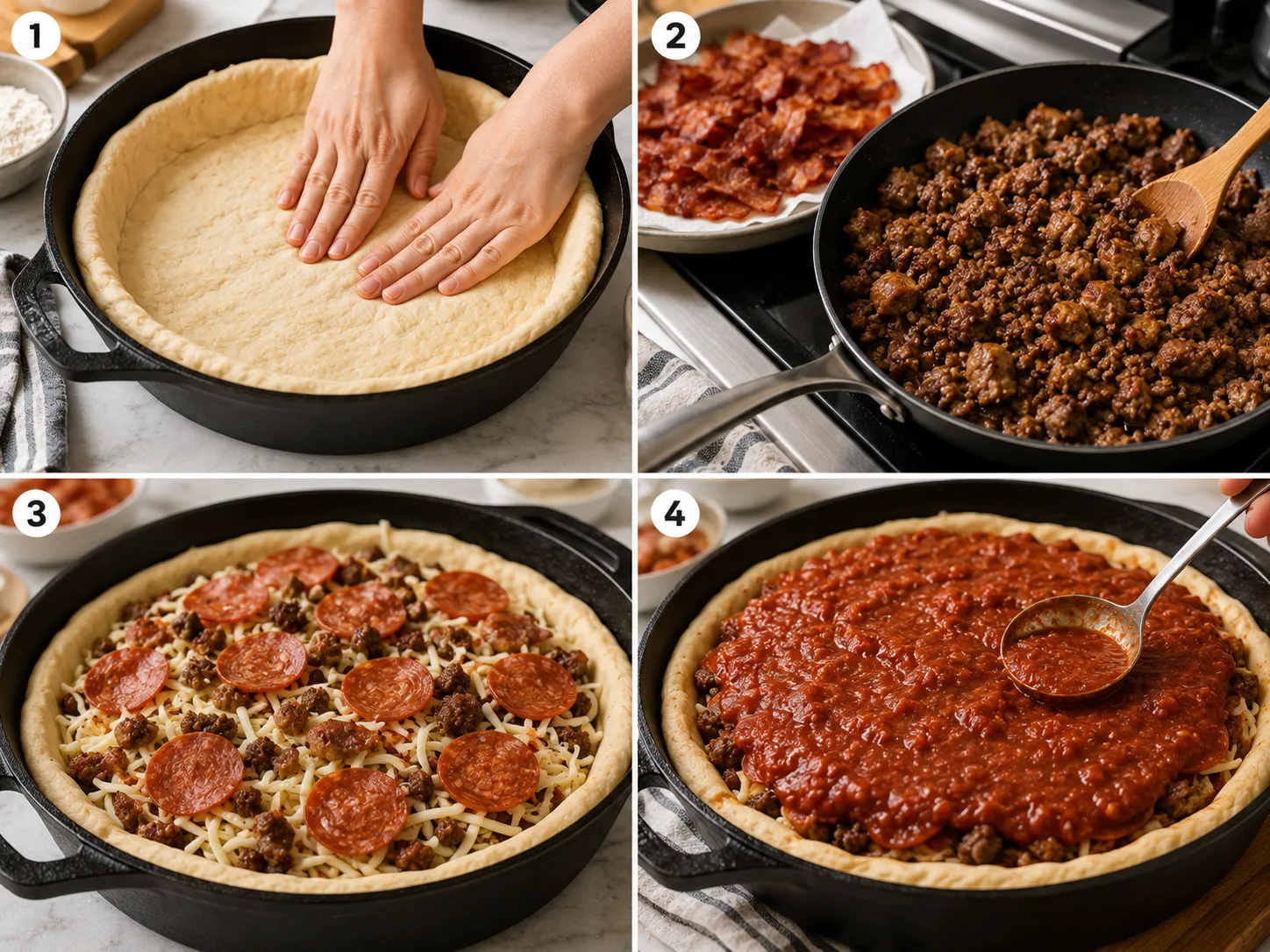 Four steps for assembling meat lovers deep dish pizza