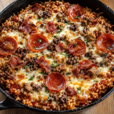 Cheesy meat lovers pizza rice skillet with pepperoni, bacon, and basil