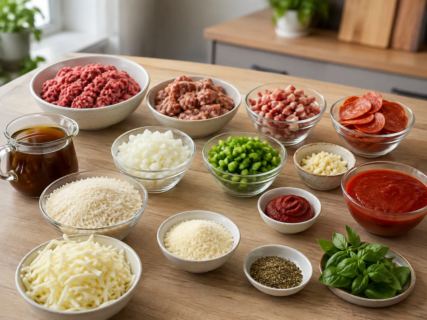 Ingredients for meat lovers pizza rice skillet with meats, rice, sauce, and cheese