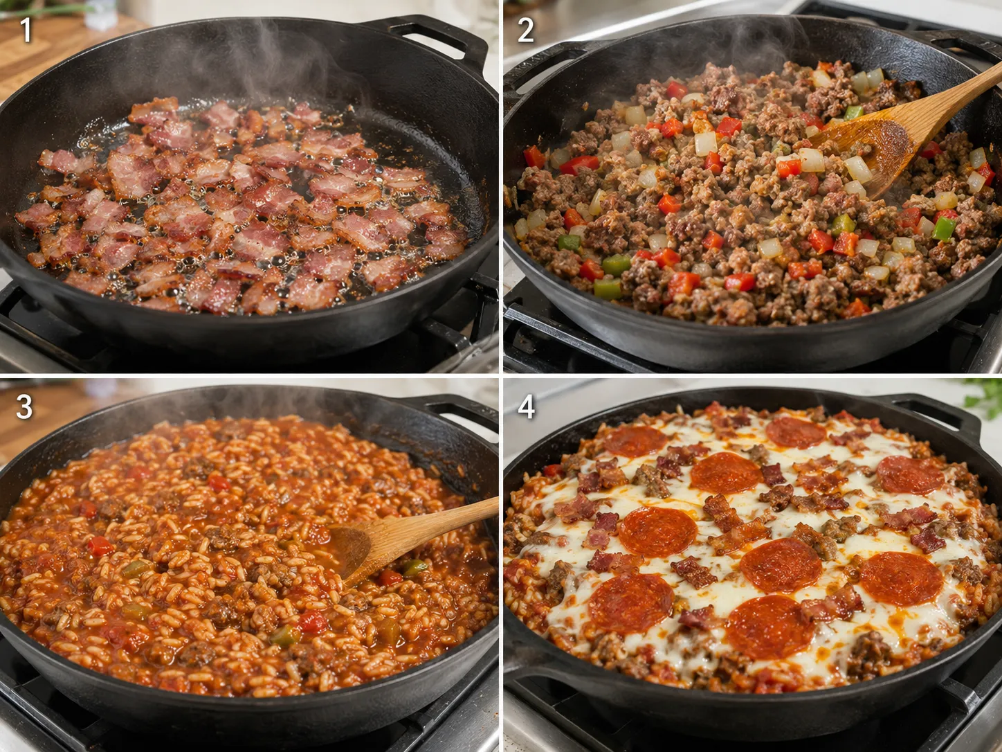 Four cooking steps for meat lovers pizza rice skillet from bacon to melted topping