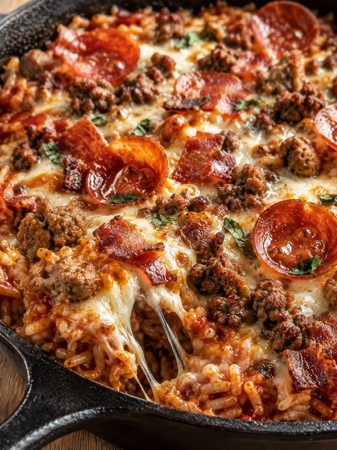 Meat lovers pizza rice skillet with melted mozzarella, pepperoni, and bacon