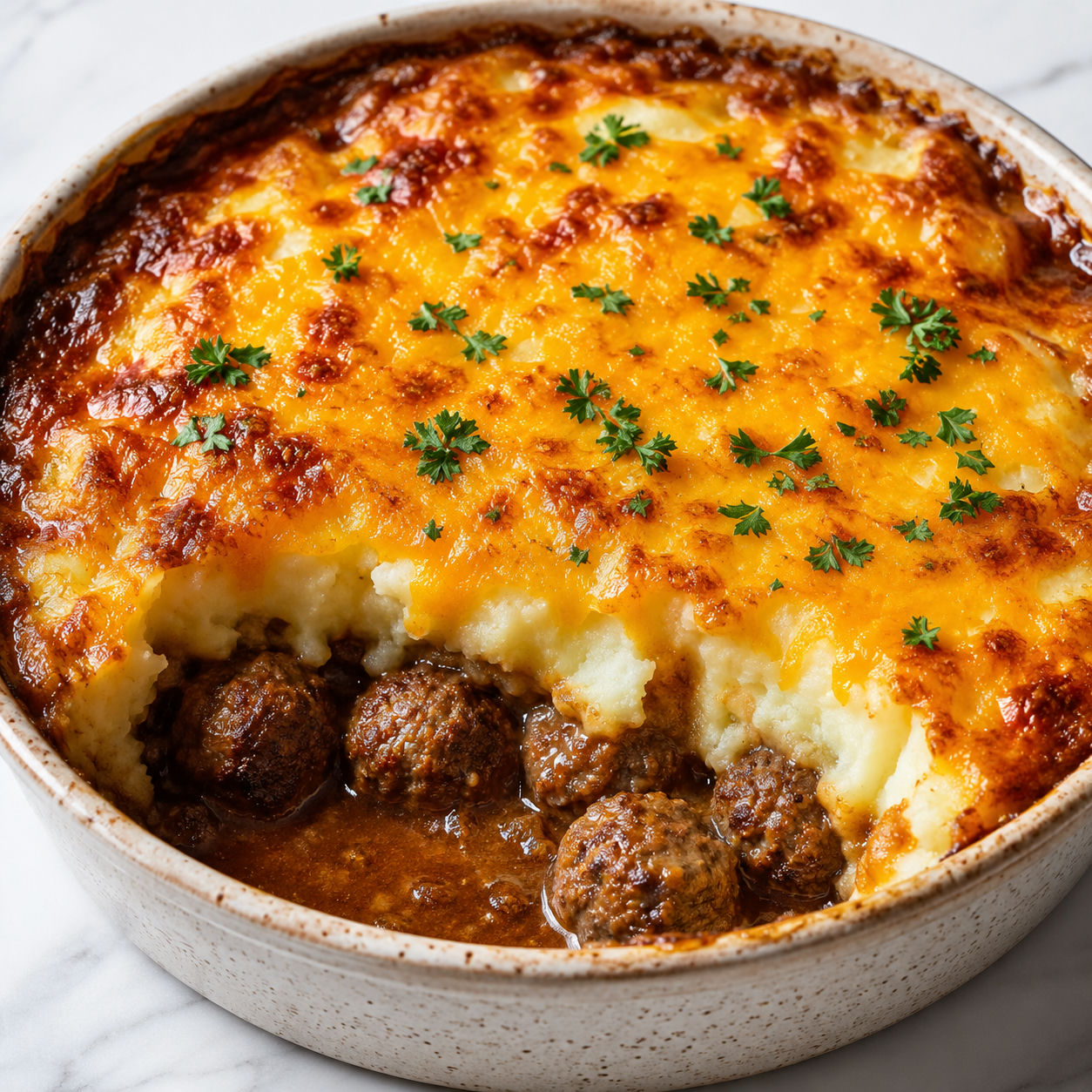 Meatball and mashed potato bake with golden cheddar crust and parsley in a ceramic baking dish