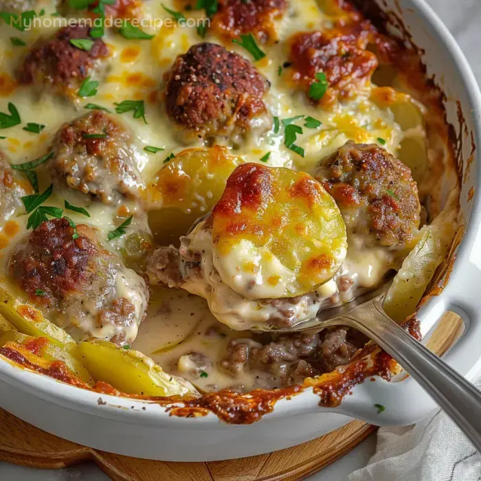 Meatballs Baked with Potatoes, Cheese and Creamy Bechamel