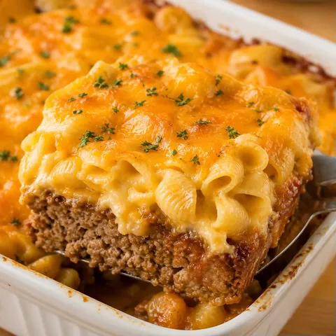 Meatloaf Cheddar Shells Casserole with golden cheese and parsley