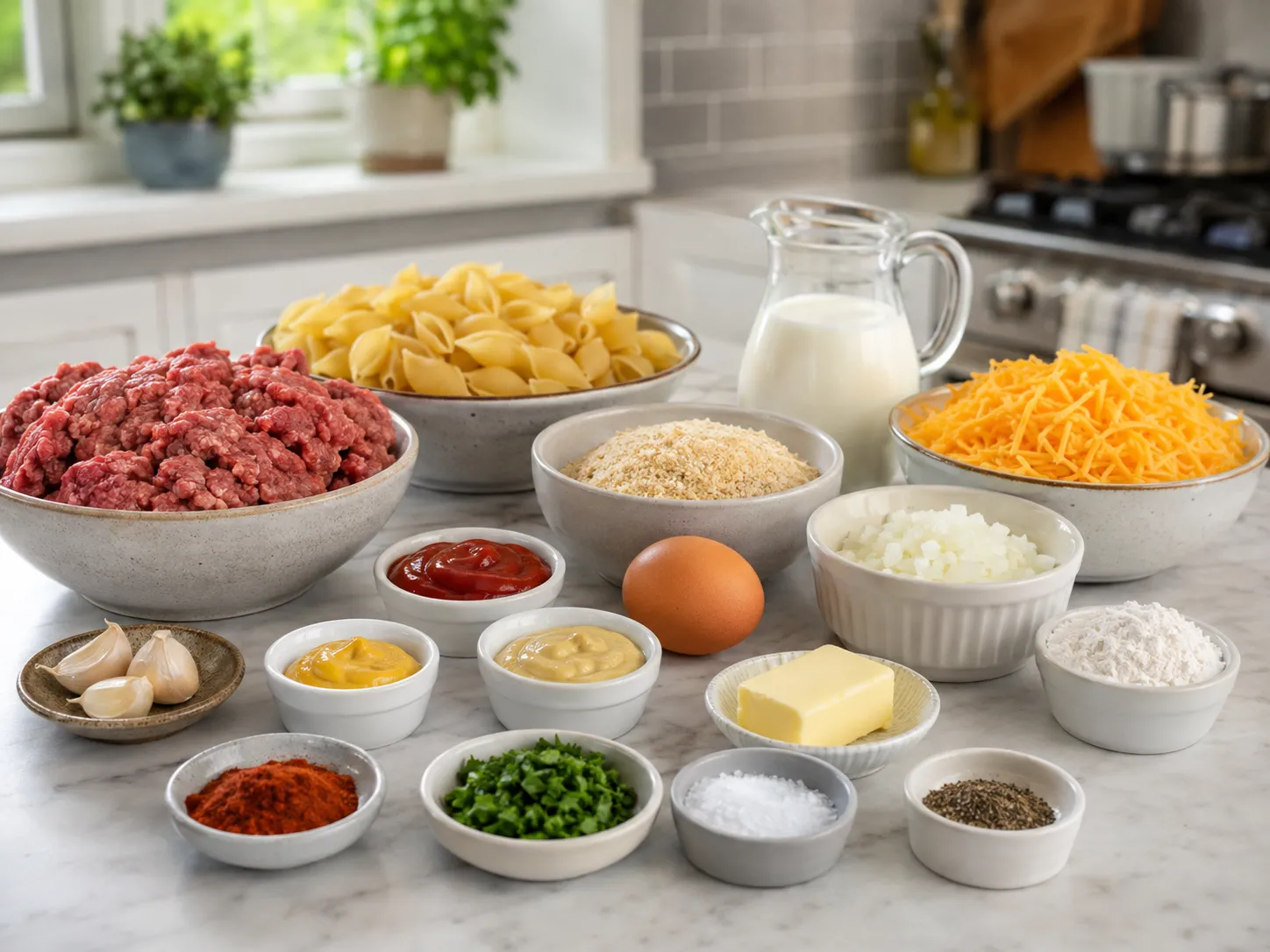 Ingredients for Meatloaf Cheddar Shells Casserole on a kitchen counter