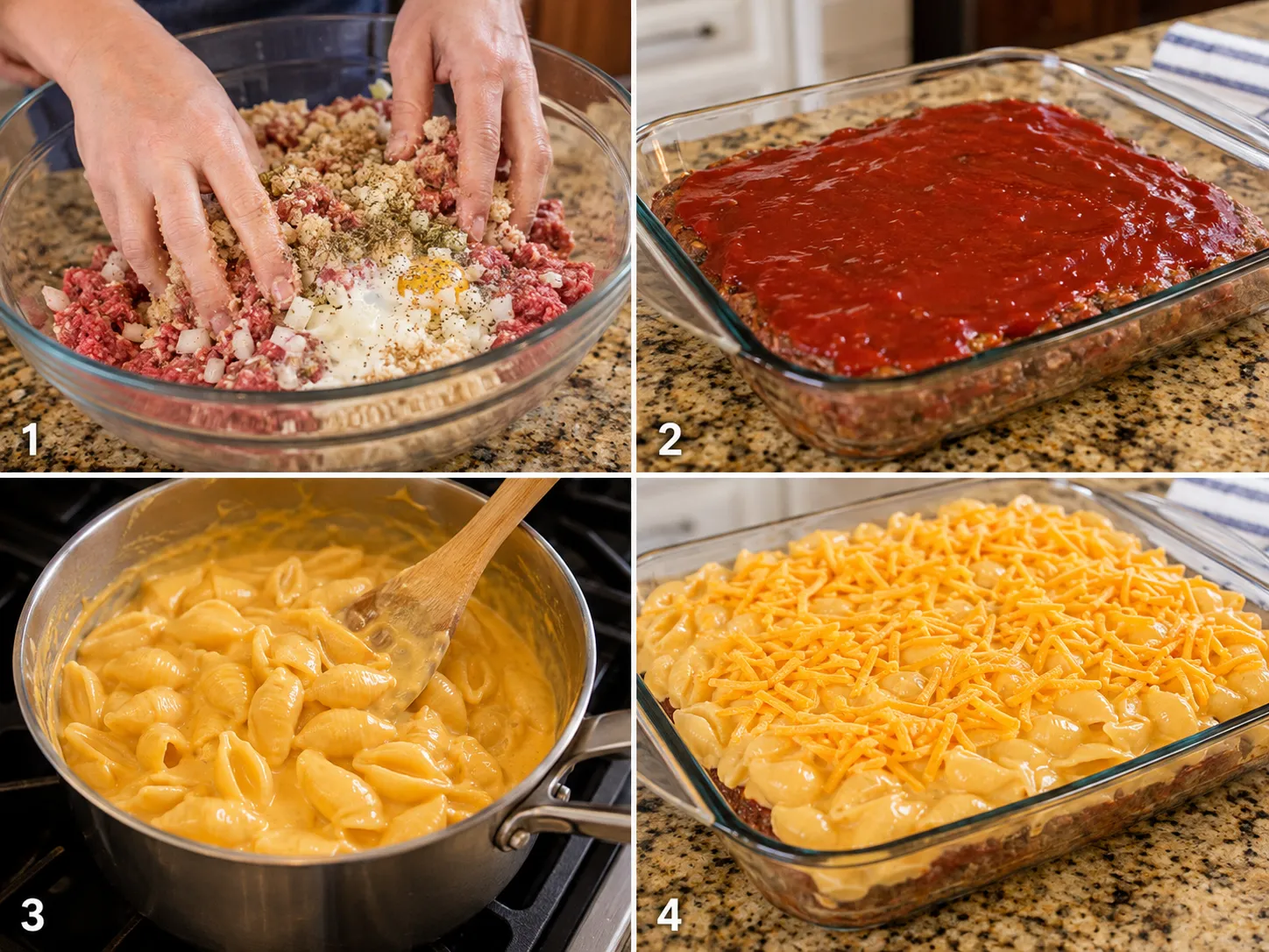 Four cooking steps for Meatloaf Cheddar Shells Casserole