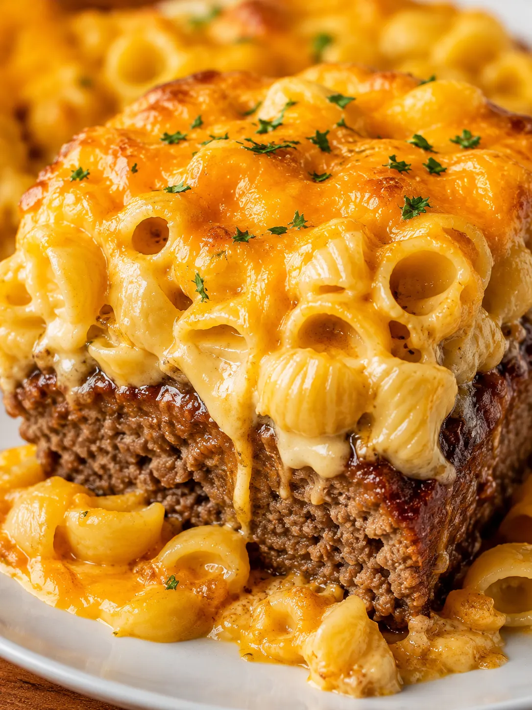 Cheesy meatloaf casserole square with cheddar shells and parsley