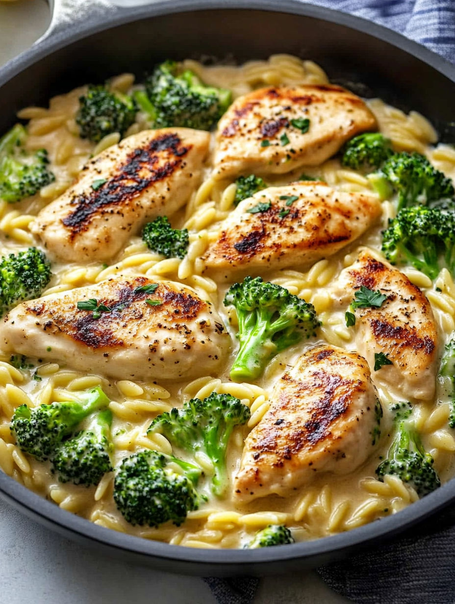 Mediterranean Creamy Chicken with Broccoli and Orzo Skillet