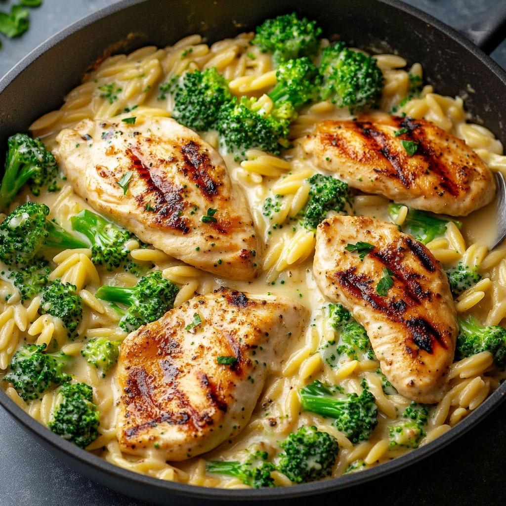 Mediterranean Creamy Chicken with Broccoli and Orzo Skillet