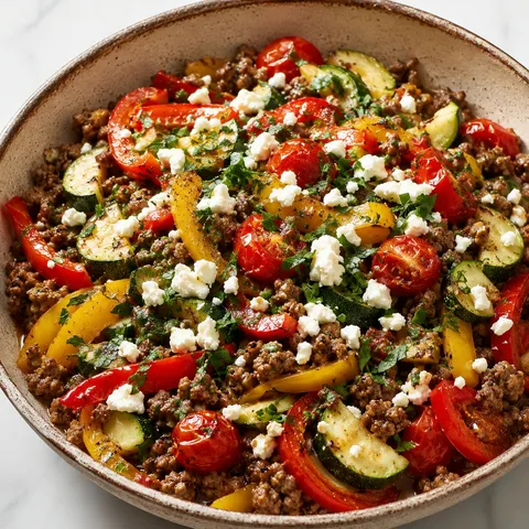 Mediterranean ground beef stir fry with bell peppers, zucchini, feta, and parsley in a ceramic bowl