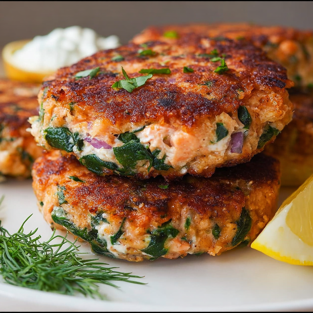 Mediterranean Salmon Spinach Patties with Feta and Herbs