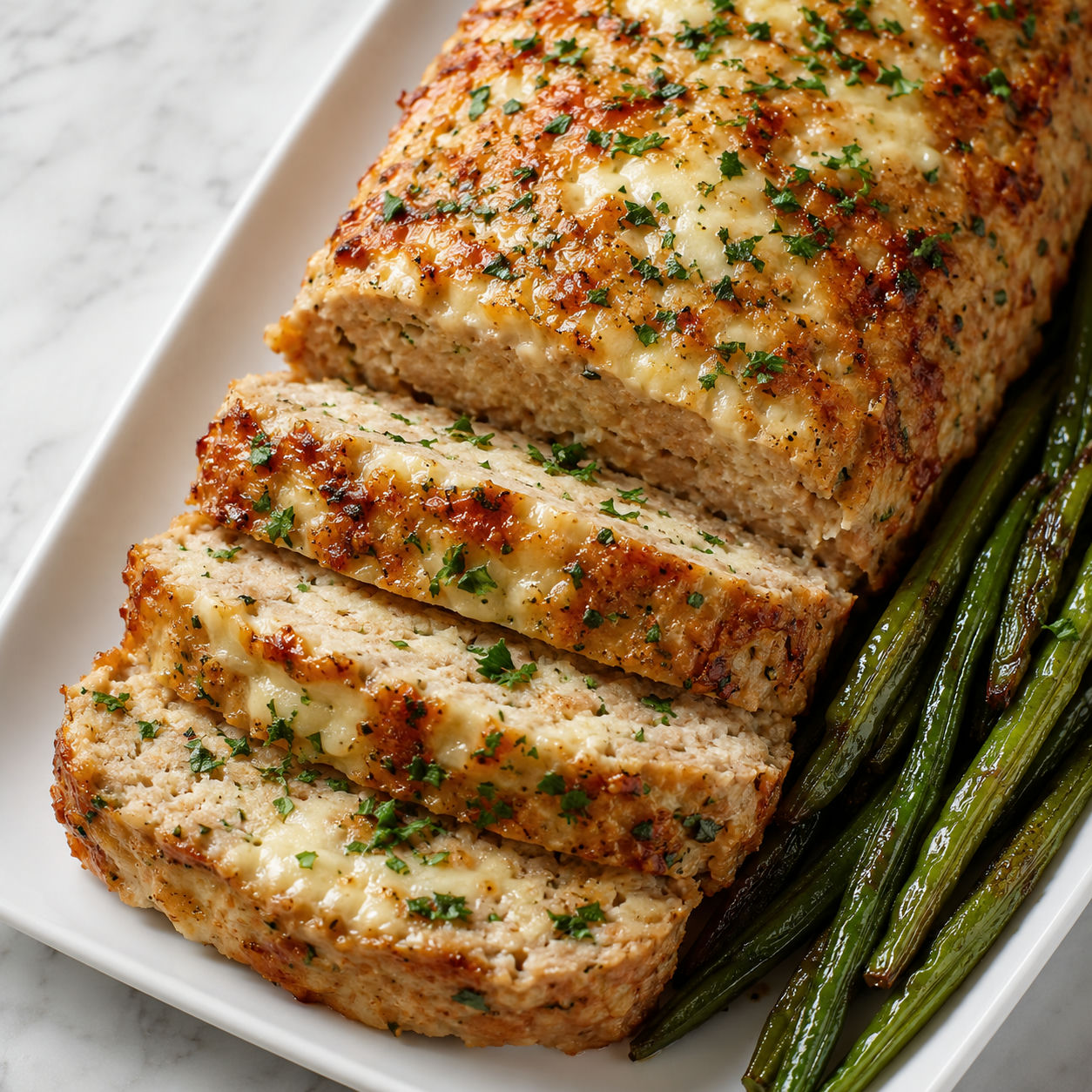 Garlic parmesan chicken meatloaf slices with parsley on a white platter
