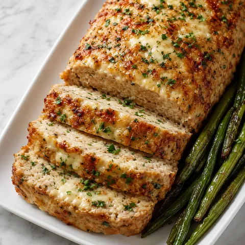 Garlic parmesan chicken meatloaf slices with parsley on a white platter