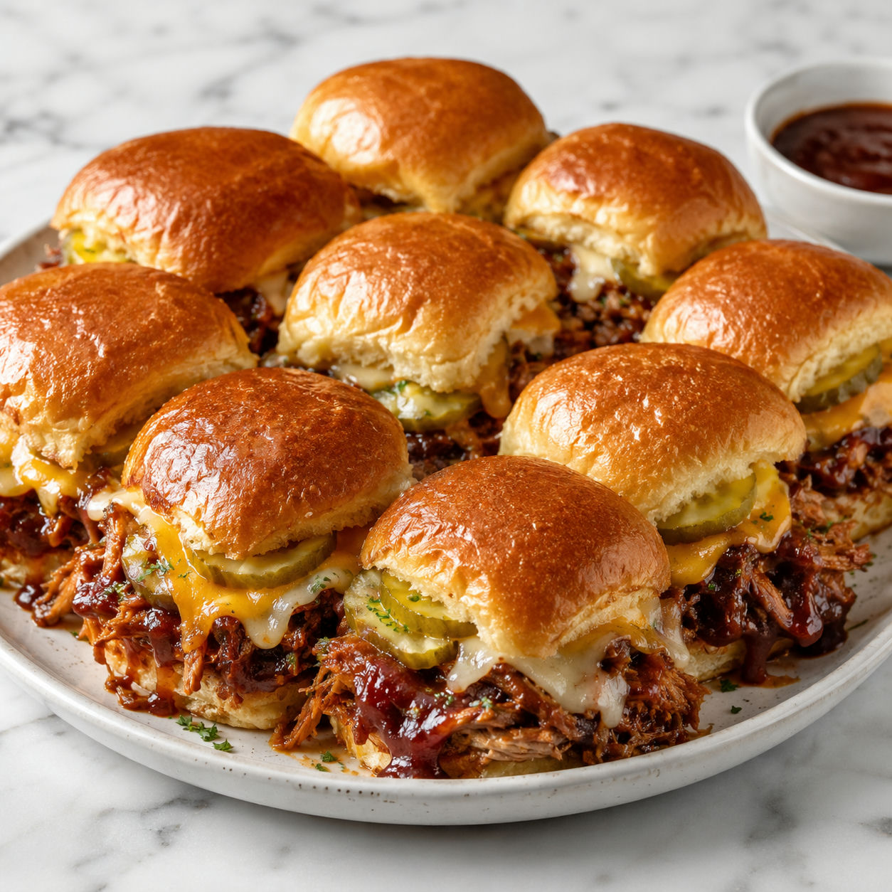 Melty barbecue pork sliders with glossy rolls, pickles, and melted cheese