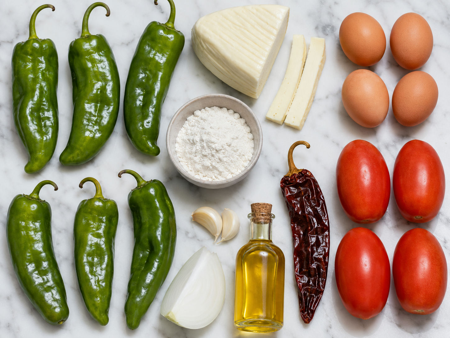 Raw ingredients for Hatch chile rellenos including green chiles, Oaxaca cheese, eggs, tomatoes, and guajillo chile on wood