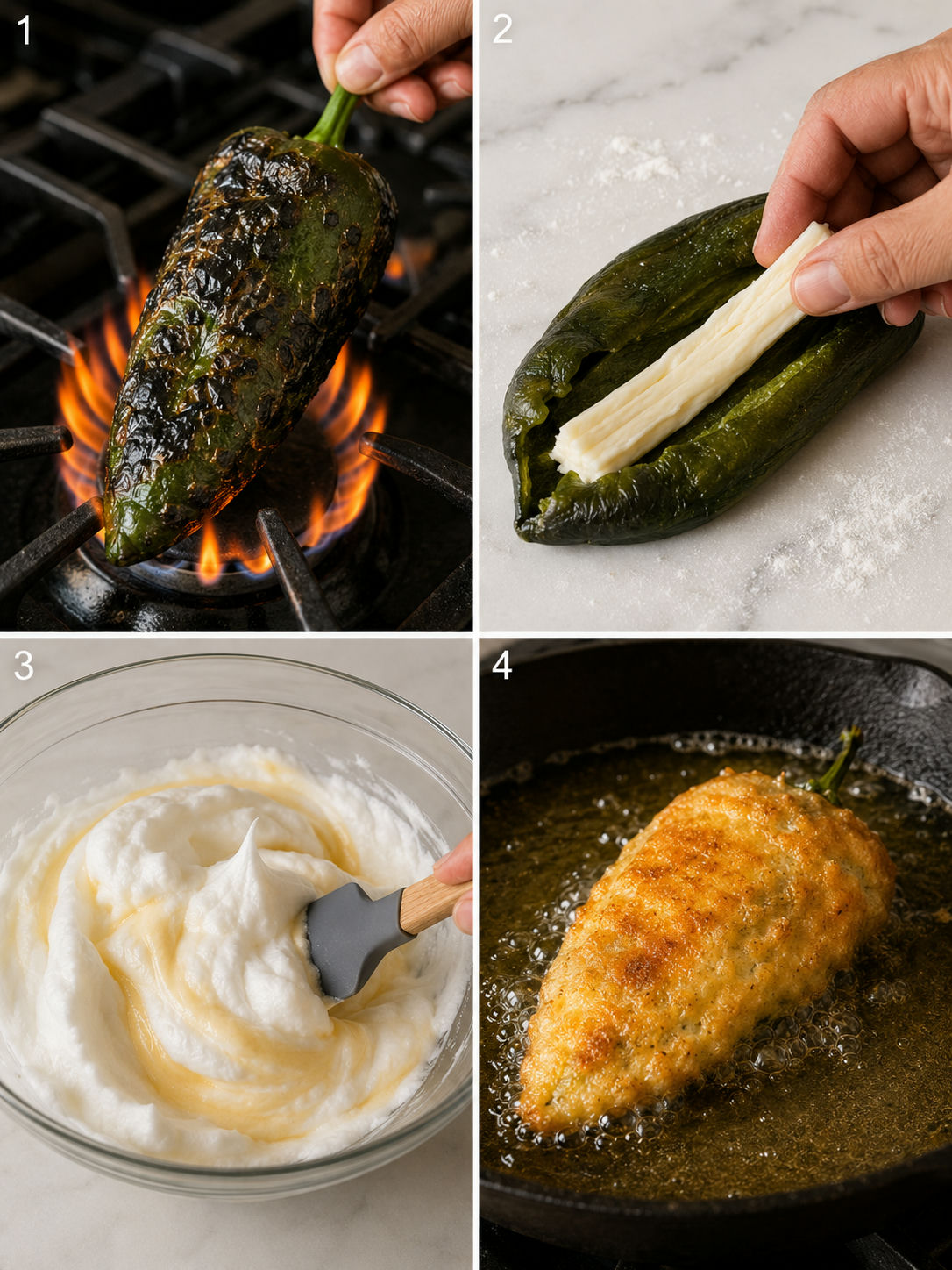 Four key steps for making Hatch chile rellenos from roasting over flame to frying in cast iron