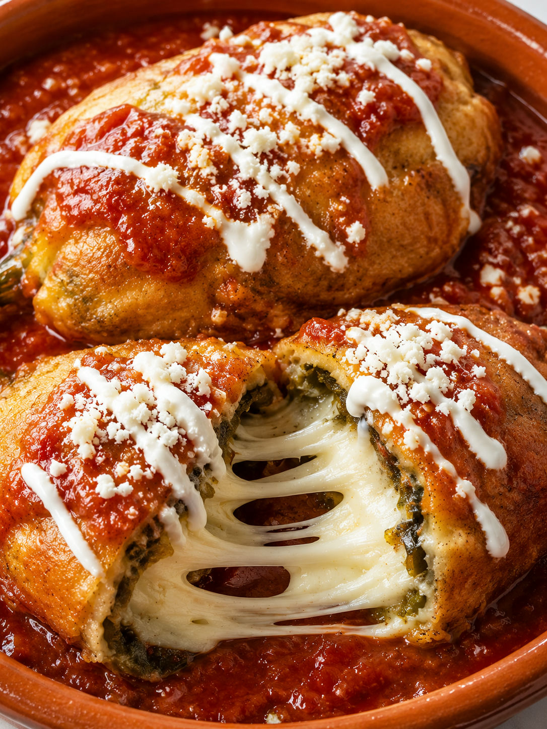 Golden Hatch chile rellenos with melted cheese strings and red salsa roja in a clay dish